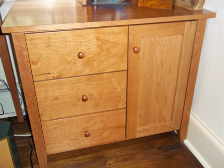 Picture of Shaker  with post small Cherry Credenza w/3 Drawer, 1 Flat paneled Door, Hutch optional