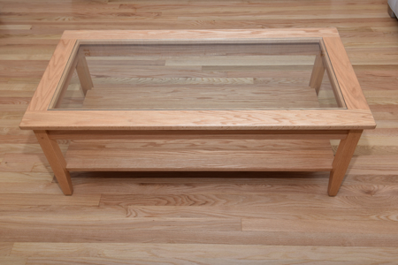 Picture of Shaker Coffee Table with Glass top and Bottom shelf  48" W x 24" D x 18" H , Can be custom built in many sizes