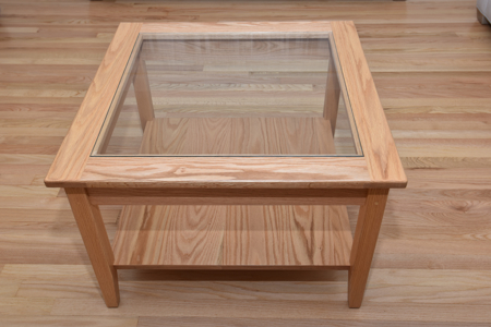 Picture of Shaker Corner Table with Glass top and Bottom shelf  30" W x 30" D x 21" H, Can be custom made in many sizes